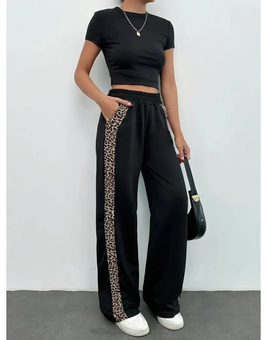 Kadın Yüksek Bel Bağcıklı Yanları Leopar Desenli Viskon Iki Iplik Pantolon