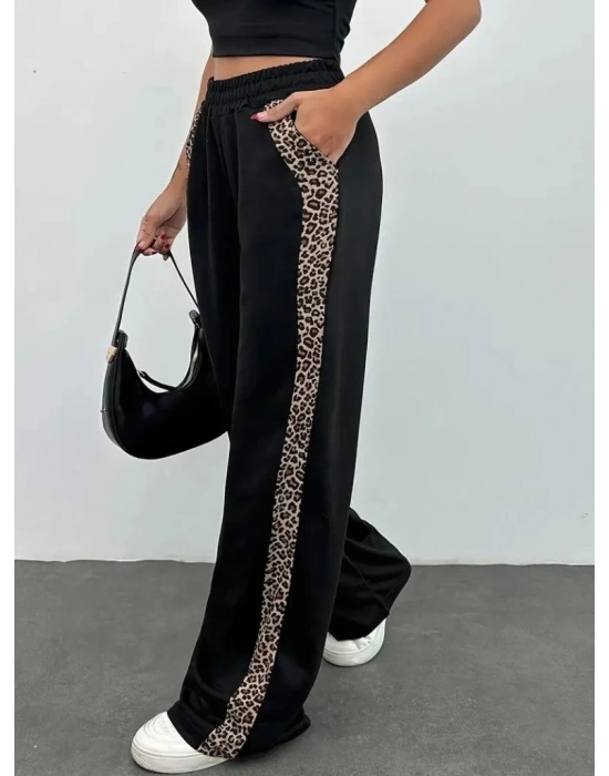 Kadın Yüksek Bel Bağcıklı Yanları Leopar Desenli Viskon Iki Iplik Pantolon