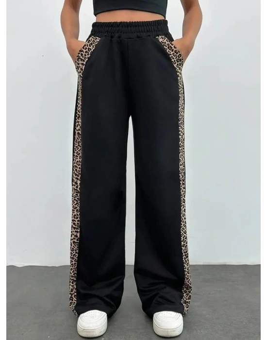 Kadın Yüksek Bel Bağcıklı Yanları Leopar Desenli Viskon Iki Iplik Pantolon