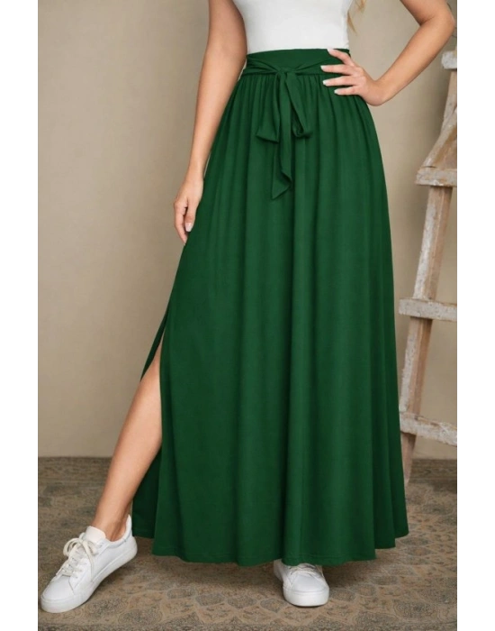 Kadın Yüksek Bel Bei Kuşaklı Yandan Yırtmaçlı Uzun Sandy Etek