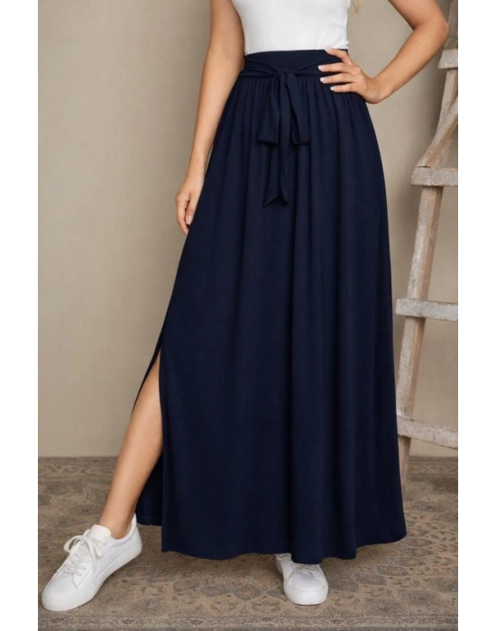 Kadın Yüksek Bel Bei Kuşaklı Yandan Yırtmaçlı Uzun Sandy Etek