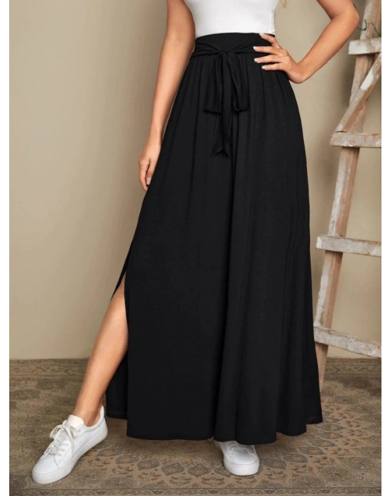 Kadın Yüksek Bel Bei Kuşaklı Yandan Yırtmaçlı Uzun Sandy Etek