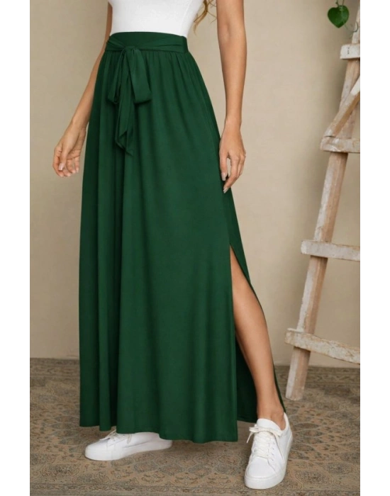 Kadın Yüksek Bel Bei Kuşaklı Yandan Yırtmaçlı Uzun Sandy Etek