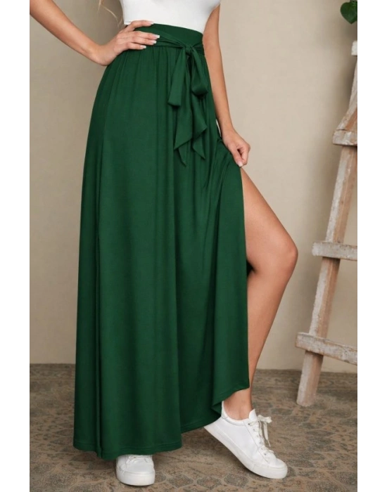 Kadın Yüksek Bel Bei Kuşaklı Yandan Yırtmaçlı Uzun Sandy Etek