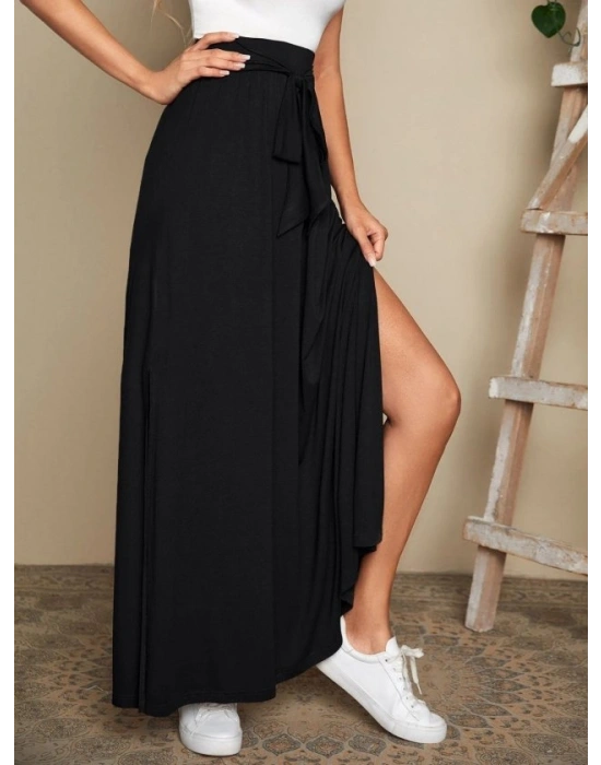 Kadın Yüksek Bel Bei Kuşaklı Yandan Yırtmaçlı Uzun Sandy Etek