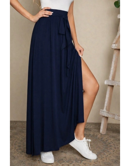 Kadın Yüksek Bel Bei Kuşaklı Yandan Yırtmaçlı Uzun Sandy Etek