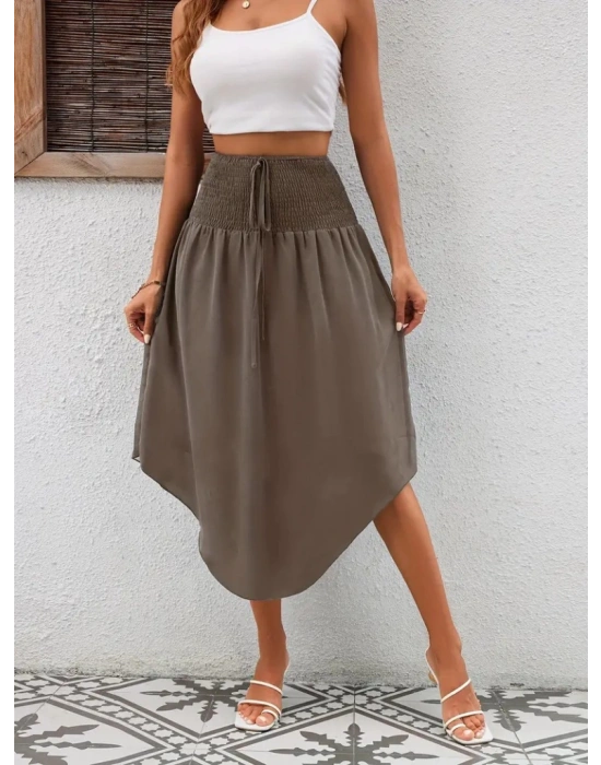 Kadın Yüksek Bel Belden Bağlamalı Asimetrik Kesim Detaylı Sandy Etek