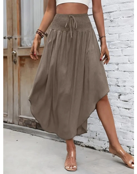 Kadın Yüksek Bel Belden Bağlamalı Asimetrik Kesim Detaylı Sandy Etek