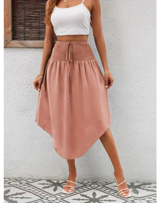 Kadın Yüksek Bel Belden Bağlamalı Asimetrik Kesim Detaylı Sandy Etek