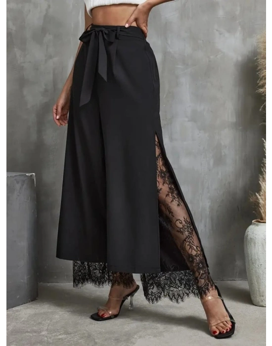 Kadın Yüksek Bel Belden Kuşaklı üst Dalgıç Alt Dantel Detaylı Dalgıç Pantolon