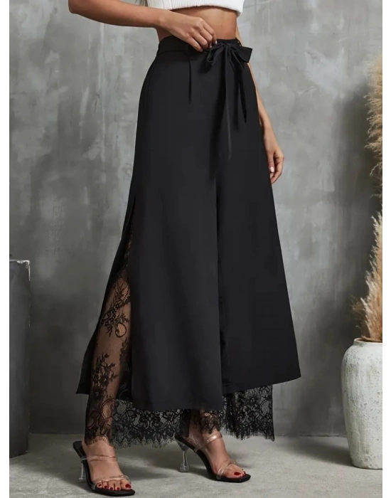 Kadın Yüksek Bel Belden Kuşaklı üst Dalgıç Alt Dantel Detaylı Dalgıç Pantolon