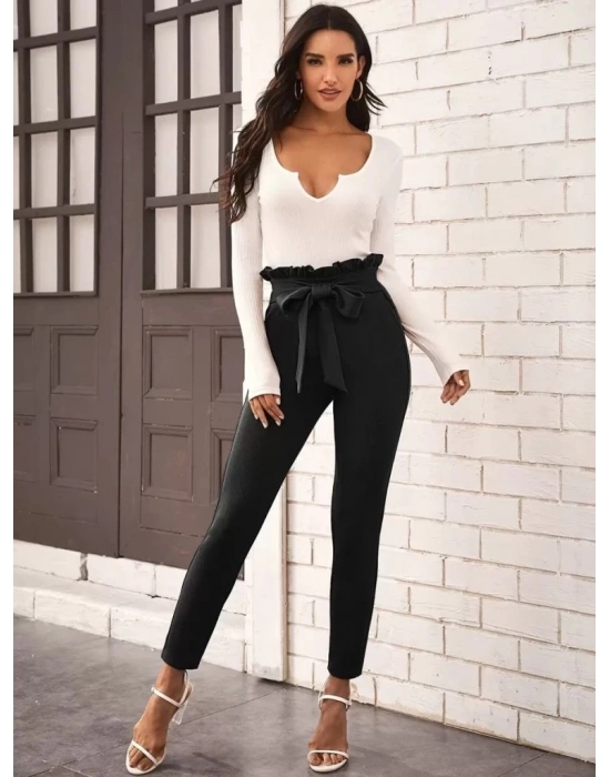 Kadın Yüksek Bel Beli Fırfırlı önden Bağlamalı Ithal Krep Pantolon