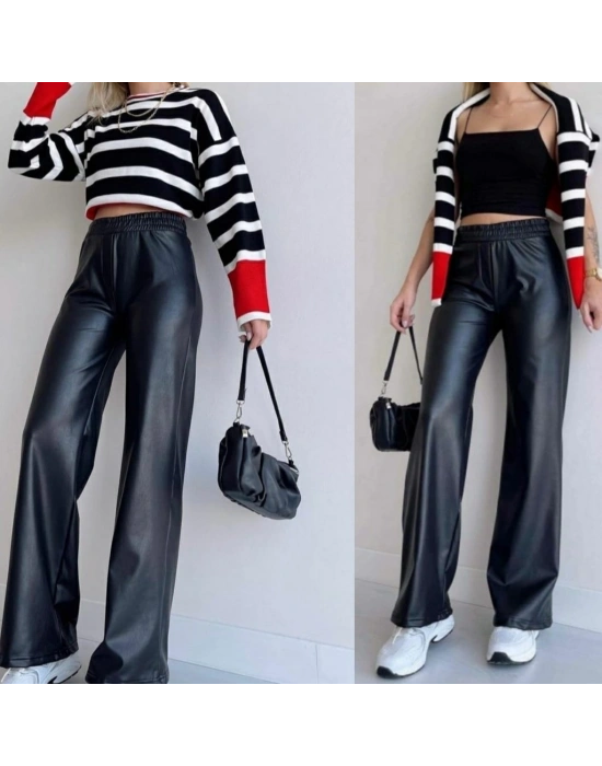 Kadın Yüksek Bel Beli Lastikli Geniş Paçalı Deri Pantolon