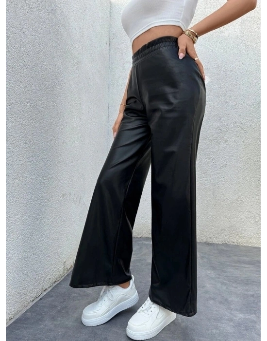 Kadın Yüksek Bel Beli Lastikli Geniş Paçalı Deri Pantolon