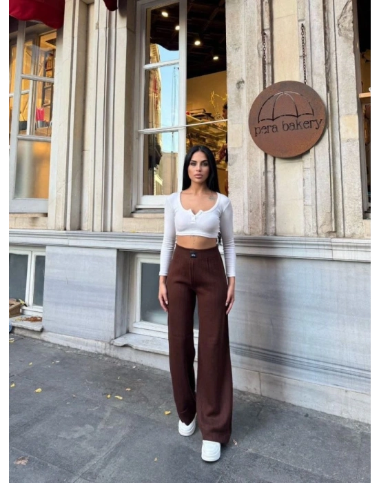 Kadın Yüksek Bel Beli Laztikli Triko Palazzo Pantolon