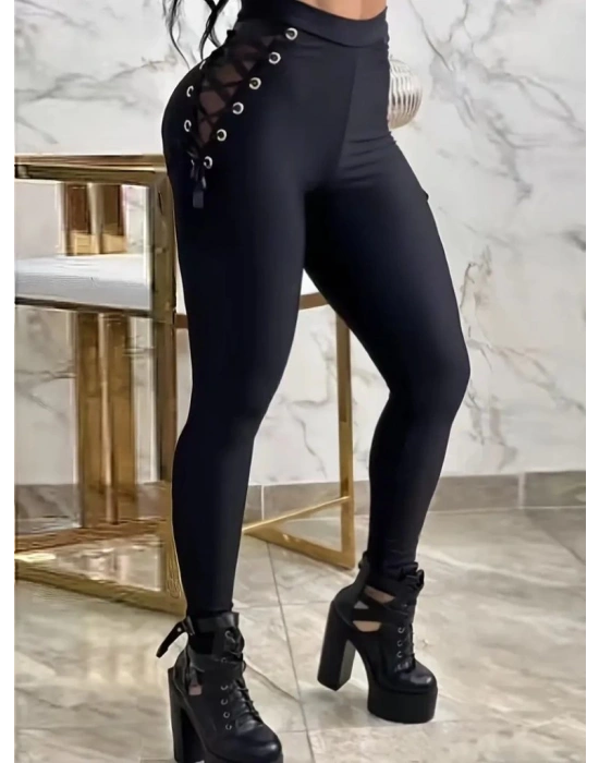 Kadın Yüksek Bel çapraz Bağcıklı Tül Detaylı Dalgıç Tayt