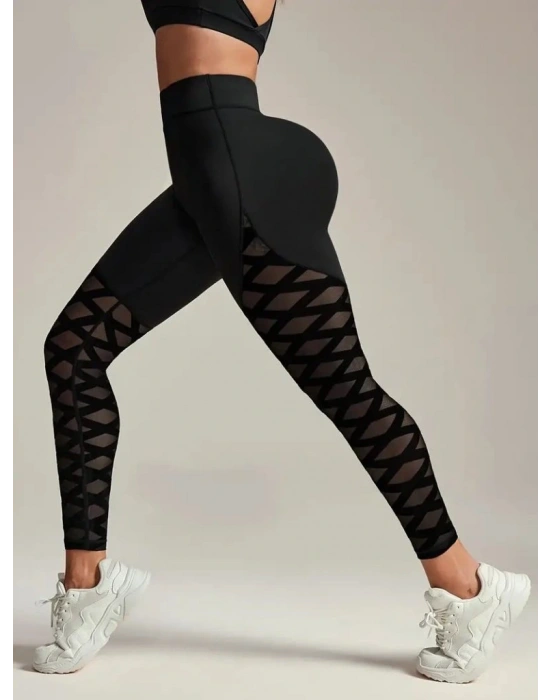 Kadın Yüksek Bel çapraz Desen Tül Detaylı Spor Dalgıç Tayt