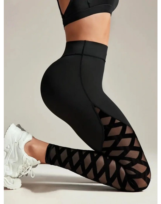 Kadın Yüksek Bel çapraz Desen Tül Detaylı Spor Dalgıç Tayt