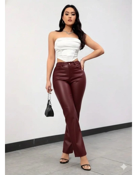 Kadın Yüksek Bel Cepli Deri Pantolon