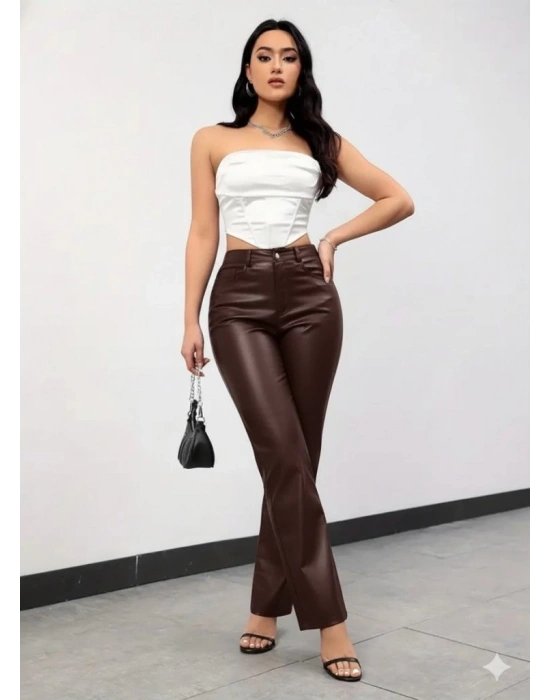Kadın Yüksek Bel Cepli Deri Pantolon