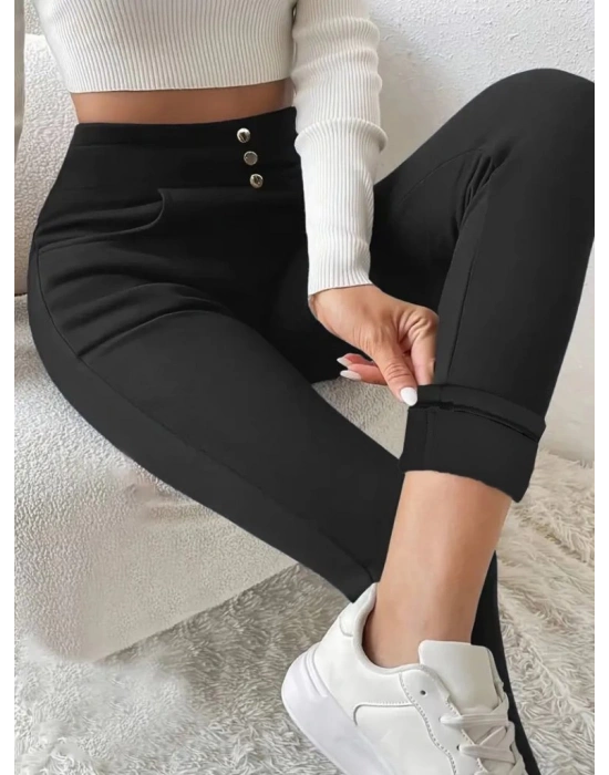 Kadın Yüksek Bel Cepli Düğmeli şardonlu Dalgıç Tayt Pantolon