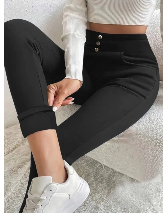 Kadın Yüksek Bel Cepli Düğmeli şardonlu Dalgıç Tayt Pantolon