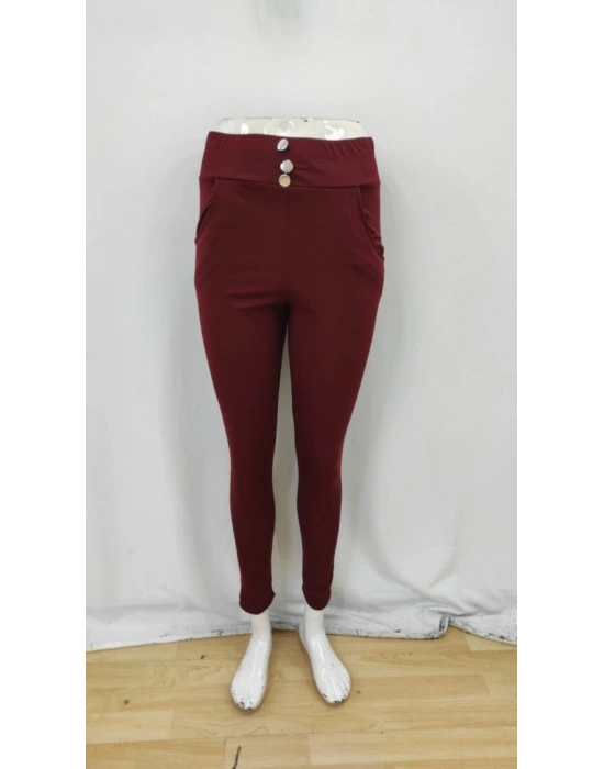 Kadın Yüksek Bel Cepli Düğmeli şardonlu Dalgıç Tayt Pantolon