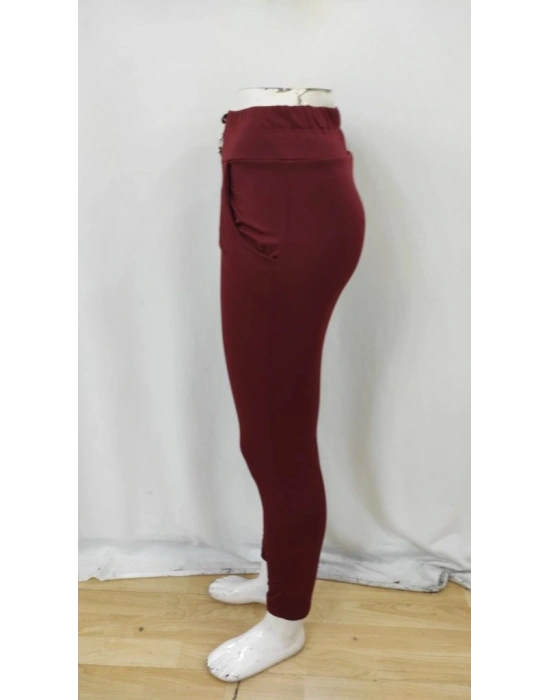 Kadın Yüksek Bel Cepli Düğmeli şardonlu Dalgıç Tayt Pantolon