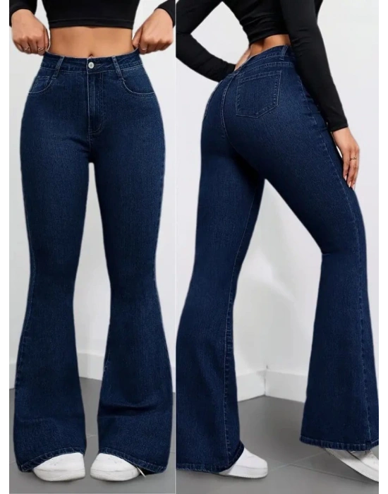 Kadın Yüksek Bel Cepli İspanyol Paçalı Kot Pantolon