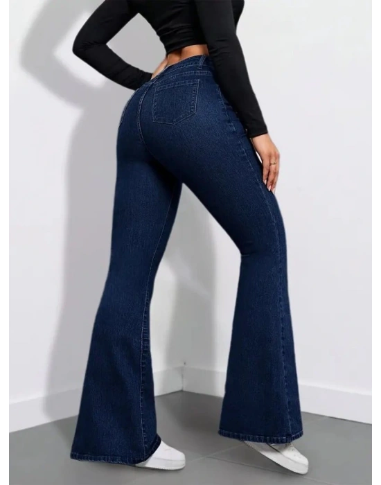 Kadın Yüksek Bel Cepli İspanyol Paçalı Kot Pantolon