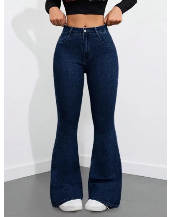 Kadın Yüksek Bel Cepli İspanyol Paçalı Kot Pantolon