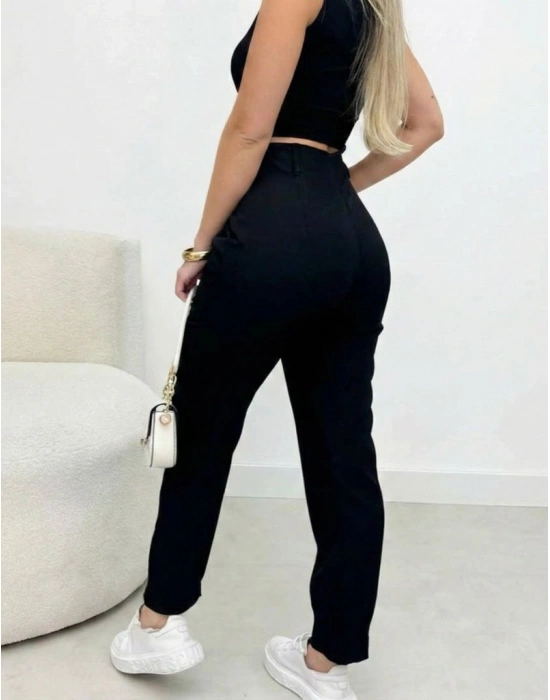 Kadın Yüksek Bel Cepli Paça Ağzı Pile Detaylı Ithal Krep Pantolon