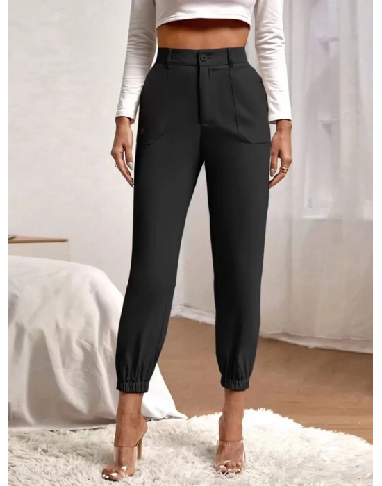 Kadın Yüksek Bel Cepli Paçası Lastikli Ithal Krep Pantolon