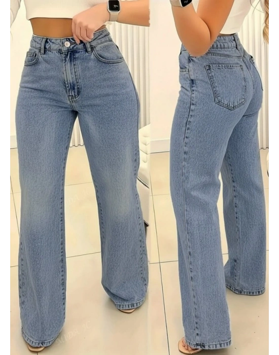 Kadın Yüksek Bel Cepli Paçaya Doğru Geniş Kot Pantolon