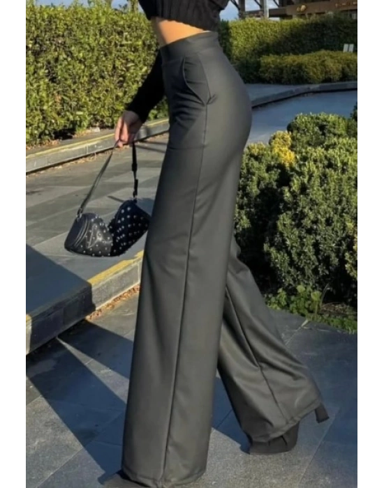 Kadın Yüksek Bel Cepli şardonlu Geniş Paçalı Mat Deri Pantolon