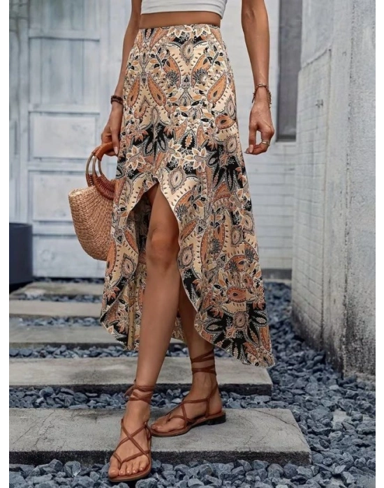 Kadın Yüksek Bel çiçek Desenli önü Asimetrik Detaylı Uzun Süprem Etek