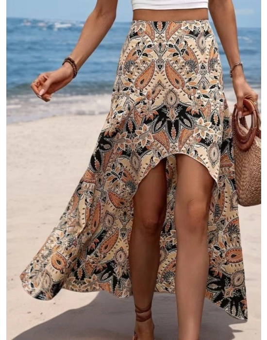 Kadın Yüksek Bel çiçek Desenli önü Asimetrik Detaylı Uzun Süprem Etek