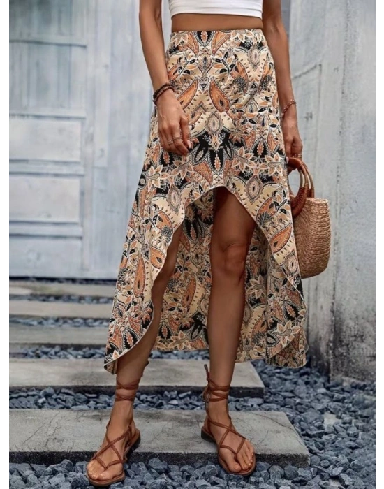 Kadın Yüksek Bel çiçek Desenli önü Asimetrik Detaylı Uzun Süprem Etek