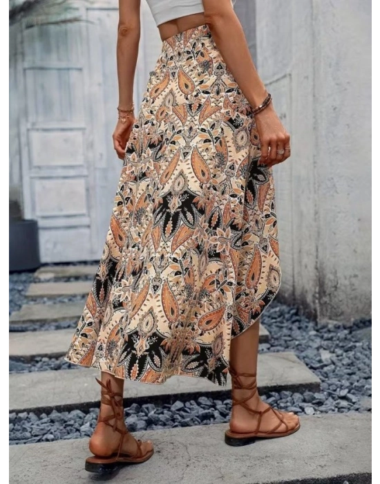 Kadın Yüksek Bel çiçek Desenli önü Asimetrik Detaylı Uzun Süprem Etek