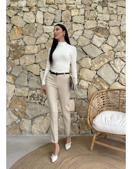 Kadın Yüksek Bel Dar Paça Kemer Dahil Kumaş Pantolon