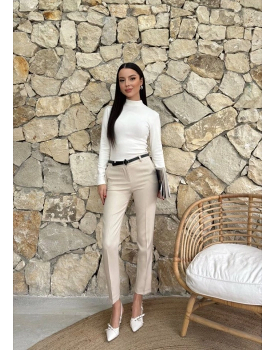 Kadın Yüksek Bel Dar Paça Kemer Dahil Kumaş Pantolon