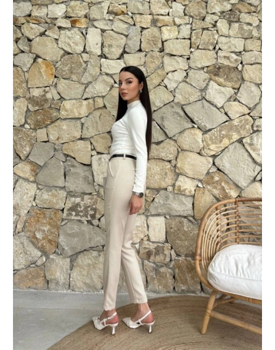 Kadın Yüksek Bel Dar Paça Kemer Dahil Kumaş Pantolon