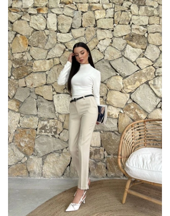 Kadın Yüksek Bel Dar Paça Kemer Dahil Kumaş Pantolon