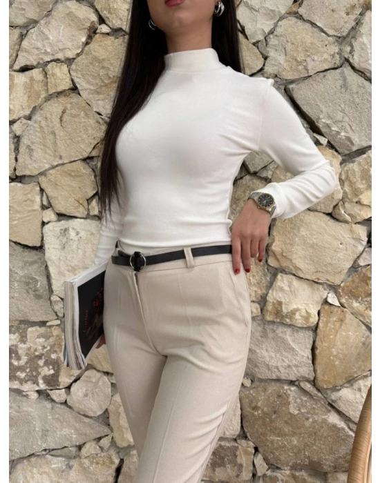 Kadın Yüksek Bel Dar Paça Kemer Dahil Kumaş Pantolon