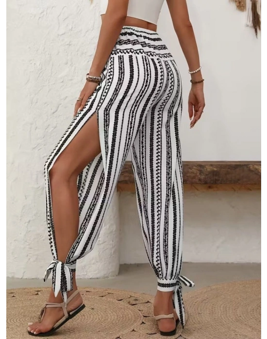 Kadın Yüksek Bel Desenli Paçadan Bağlamalı Yanları Yırtmaçlı Süprem Pantolon