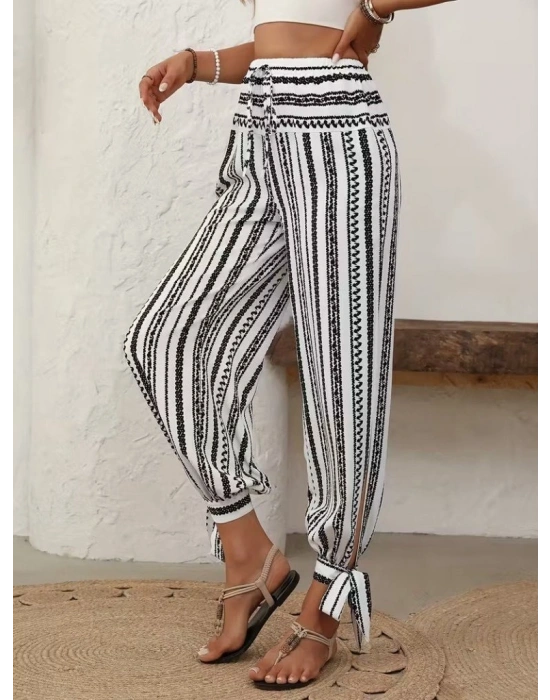 Kadın Yüksek Bel Desenli Paçadan Bağlamalı Yanları Yırtmaçlı Süprem Pantolon