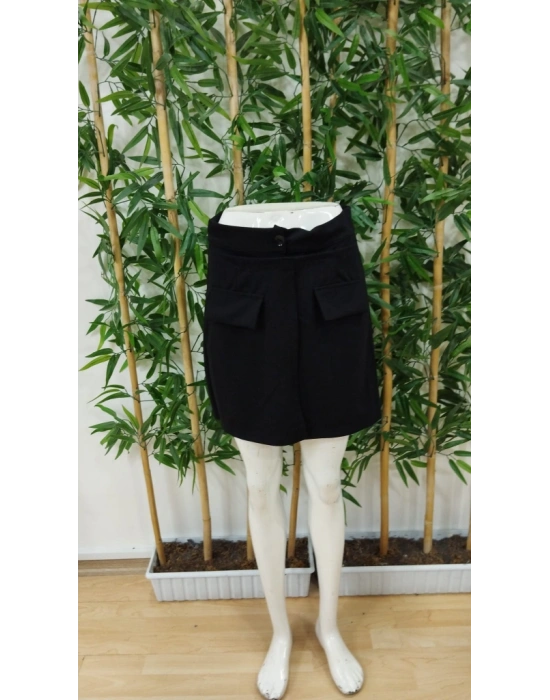 Kadın Yüksek Bel Düğmeli Asimetrik Kesim Cepli Kısa Ithal Krep şort Etek