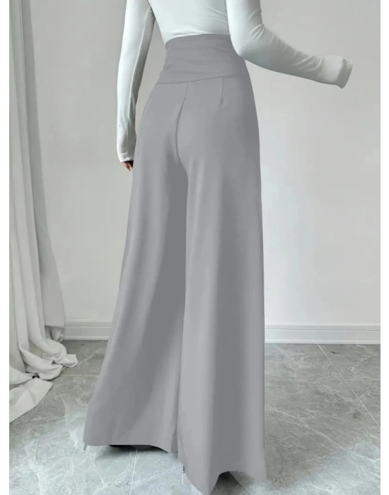 Kadın Yüksek Bel Düğmeli Geniş Paçalı Ithal Krep Pantolon