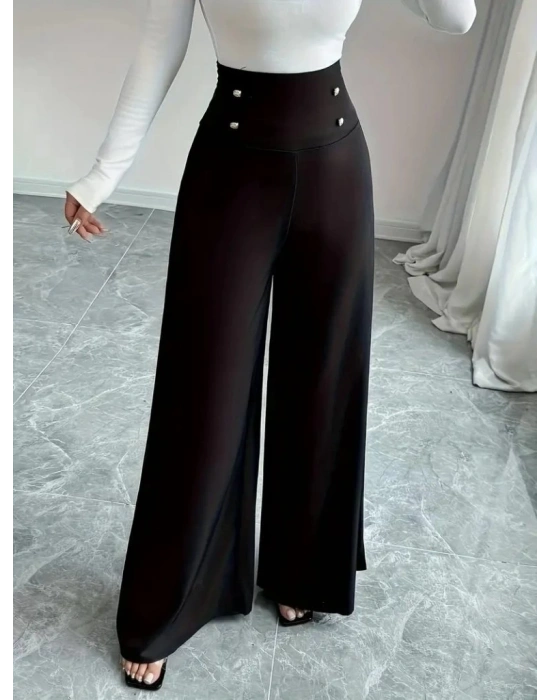 Kadın Yüksek Bel Düğmeli Geniş Paçalı Ithal Krep Pantolon