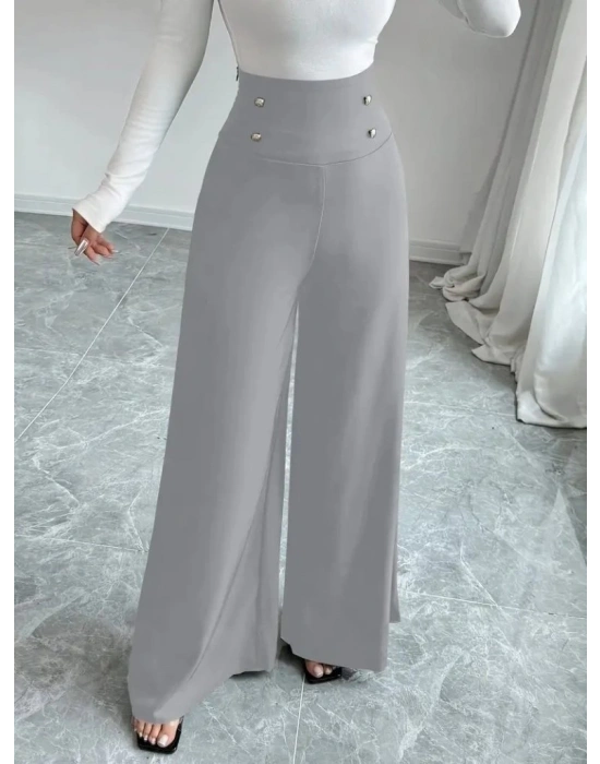 Kadın Yüksek Bel Düğmeli Geniş Paçalı Ithal Krep Pantolon